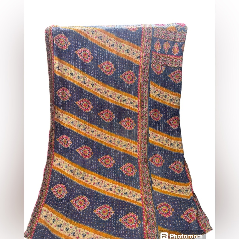 Authentic vintage kantha throw from India. Two sided. Blue and pink